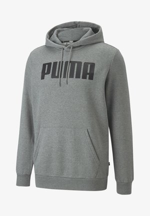 Grauer Puma-Hoodie mit Fronttasche, Kordelzug an der Kapuze, gerippten Bündchen und schwarzem Puma-Logo auf der Brust.