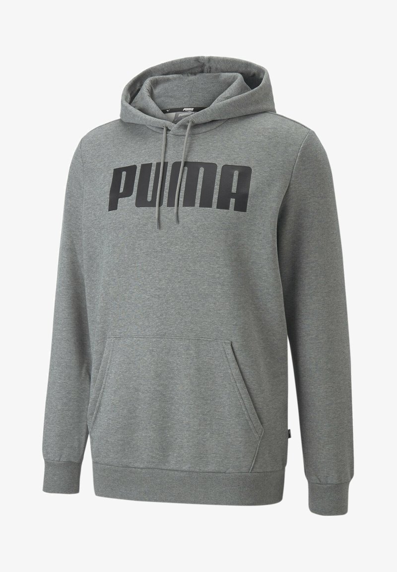 Sweat à capuche gris Puma avec poche avant, capuche à cordon, poignets côtelés et logo Puma noir sur la poitrine.