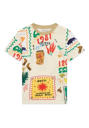 Beżowy T-shirt z krótkim rękawem z kolorowymi bazgrołami, w tym puszką, czerwonymi papryczkami chili, butami, słońcem i napisem "Guess 1981".