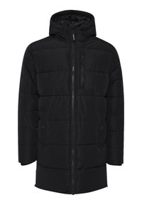 Sort polstret jakke med hætte, der har en frontlynlås, sidelommer og en glat tekstur. Designet er oversized og quiltet.