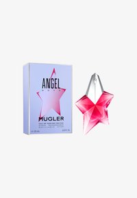 Różowa butelka w kształcie gwiazdy obok jasnofioletowego pudełka z podobnym wzorem gwiazdy i nazwą marki, oznaczoną "Mugler Angel Nova."