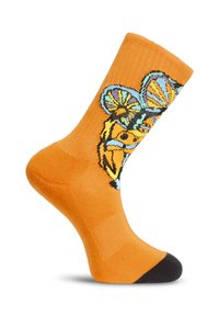 Chaussettes orange présentant un personnage de dessin animé coloré avec des accents bleus et jaunes. Confectionnées en tissu doux, avec un embout noir et un poignet côtelé.