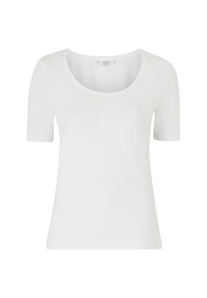 Bílý krátký rukáv tričko s kulatým výstřihem, vyrobené z hladké bavlněné tkaniny, s klasickým střihem a minimálním designem.