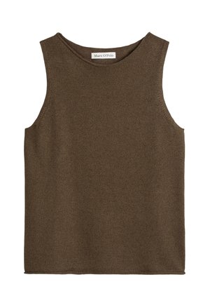 Veste en tricot marron sans manches avec encolure ronde et étiquette Marc O'Polo au col, présentée à plat sur un fond blanc.