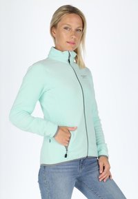 Light mint green fleece jacket with a high collar, front zipper, gray accents, and side pockets. Soft texture with a fitted design.