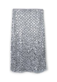 Jupe en tissu à sequins argentés, présentant une surface texturée avec un éclat, des bords droits et une taille lisse. Détails réfléchissants clairement visibles.