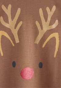 Ruskea kangas, jossa on poron kasvokuvio kultaisilla sarvilla, punaisella kiiltäväpinnalla nenällä ja yksinkertaisilla mustilla silmillä. Pehmeä tekstuuri.