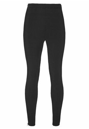 Zwarte leggings van rekbaar materiaal met een aansluitend ontwerp, voorzien van een elastische tailleband en ritsen bij de enkels voor extra detail.