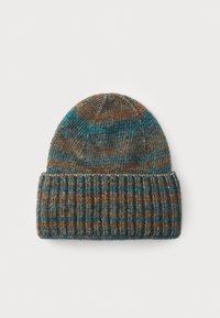 Multicolored knit beanie with folded rim, featuring a mix of brown, teal, and gray yarns in a ribbed pattern.