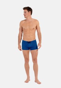 Shorts de bain pour homme en bleu avec un motif géométrique, taille élastique à cordon, et tissu lisse. Présente un design minimaliste et une coupe classique.