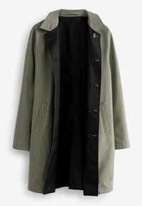 Manteau à motif à carreaux verts et noirs avec un col classique, des boutons sur le devant et des poches latérales. Intérieur doublé d'un tissu noir uni.