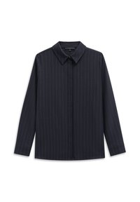 Navy long-sleeve shirt with light vertical stripes, collar, button closure, and straight hem. Made from smooth fabric with a sleek finish.