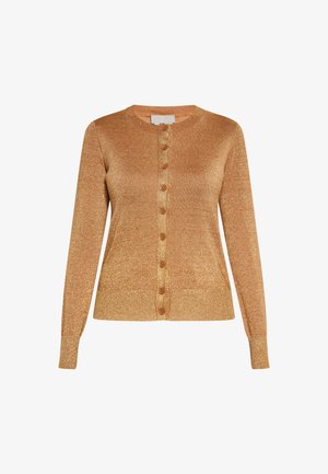 Cardigan doré à paillettes avec un col rond, des manches longues et une fermeture à boutons sur le devant. Texture douce, design ajusté et poignets côtelés.