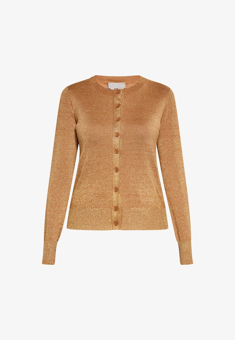 Cardigan doré à paillettes avec un col rond, des manches longues et une fermeture à boutons sur le devant. Texture douce, design ajusté et poignets côtelés.