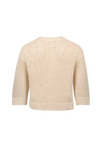 Light beige, short-sleeve knit sweater with a textured open weave and ribbed cuffs. Cropped design with a straight hem and wide neckline.