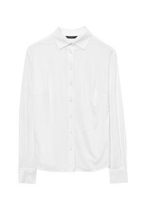 Weißes Langarm-Hemd mit Knopfverschluss, spitzem Kragen und Manschetten, vor einem schlichten weißen Hintergrund präsentiert.