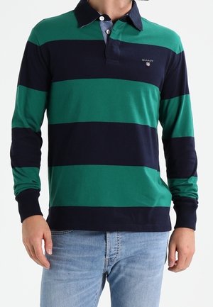 Polo à manches longues avec des rayures horizontales vertes et marines, col classique et un petit logo sur la poitrine.