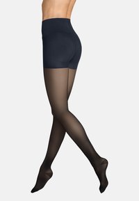 Undurchsichtige schwarze Strumpfhosen mit hohem Bund, die über eine glatte Oberfläche, transparente Beinabschnitte und eine weiche Textur verfügen. Ideal für Schichten-Outfits.