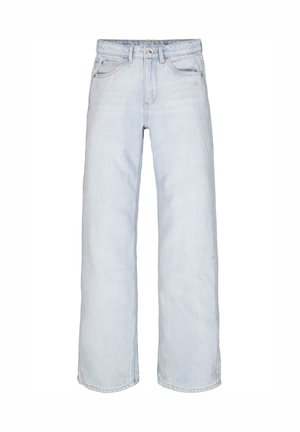 Jean bleu clair à jambes larges en denim. Comprend un design classique à cinq poches, une fermeture par boutons et des détails cousus le long de l'ourlet.