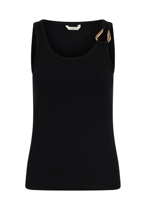 Melna ribota bezroku topiņa ar apaļu izgriezumu un zelta gredzena detaļu uz kreisā plecu siksnas.