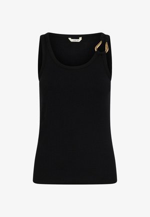 Melna ribota bezroku topiņa ar apaļu izgriezumu un zelta gredzena detaļu uz kreisā plecu siksnas.