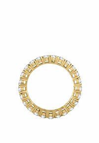 Anello circolare in oro con pietre preziose bianche uniformemente distribuite lungo il bordo esterno, che presenta un design geometrico con ritagli.