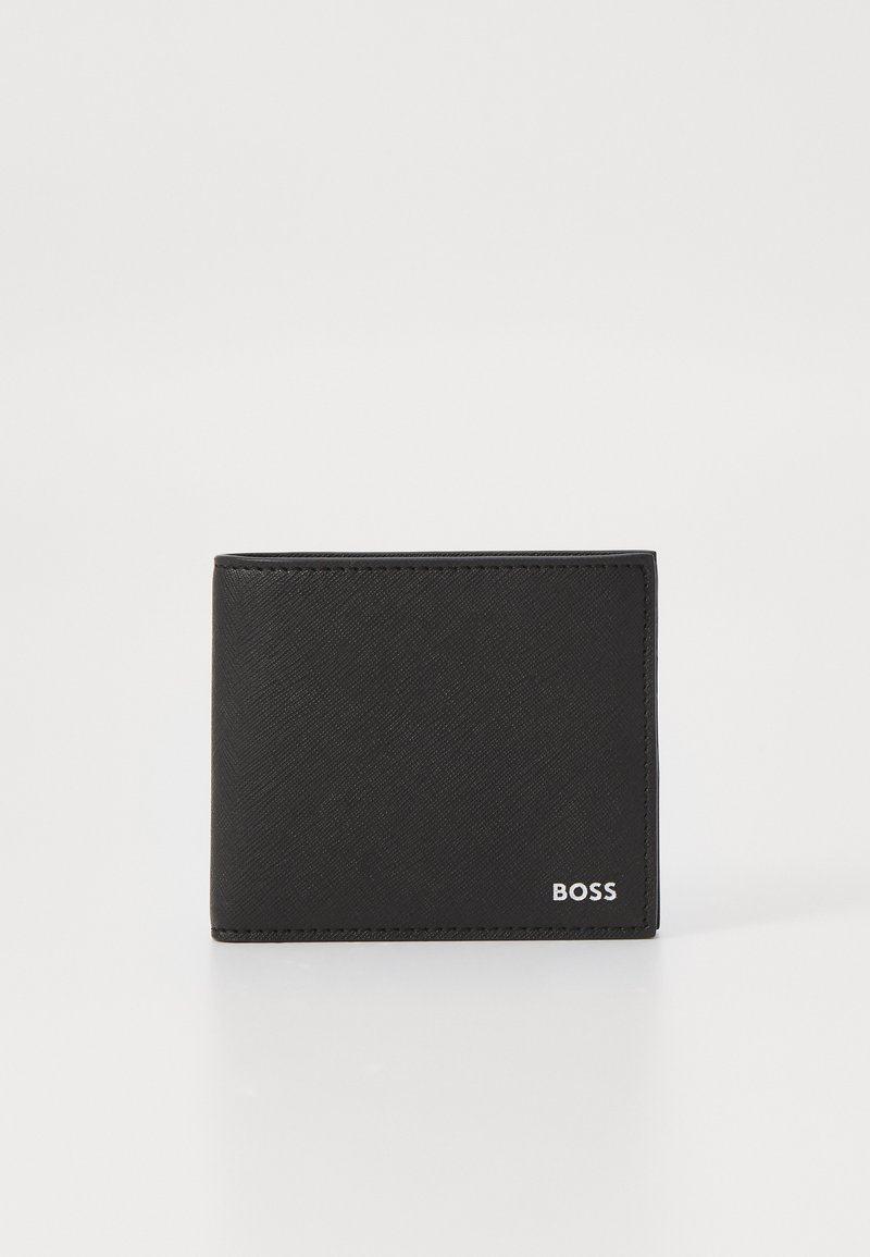 Black bifold wallet made of textured material. Features a smooth finish with white "BOSS" logo on the bottom right corner.