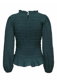 Blouse verte foncée à manches longues avec corsage froncé, manches bouffantes, col à volants et ourlet péplum, vue de dos.