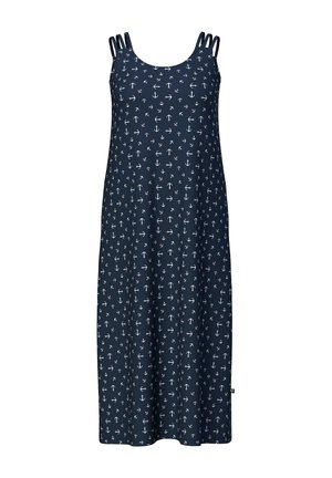 Námořnicky modré maxi šaty bez rukávů s bílým vzorem kotvy a trojitými ramenními popruhy na každé straně.