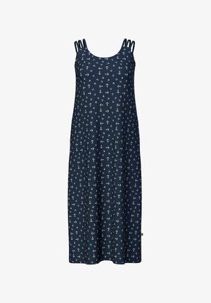 Granatowa sukienka maxi bez rękawów z białym wzorem kotwicy i potrójnymi ramiączkami na każdej stronie.