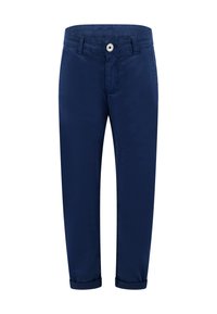 Chino in cotone blu navy con design a gamba dritta, dotati di orlo arrotolato, passanti per cintura e chiusura con bottone frontale. Tessuto liscio senza motivi.