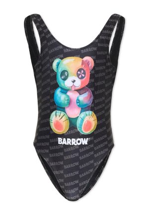 Czarny strój kąpielowy z powtarzającym się napisem "BARROW", z kolorową grafiką misia trzymającego różowe serce oraz napisem "BARROW" poniżej.