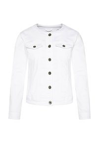 White denim jacket with long sleeves, round neckline, button closure, and two chest pockets featuring dark metal buttons for contrast.
