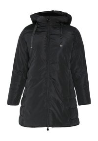 Musta toppatakki hupulla, jossa on edessä vetoketju, sivutaskut ja tikattu muotoilu, sileällä ulkopinnalla.