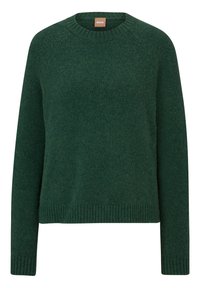 Green sweater made from soft, textured fabric. Features a crew neckline, long raglan sleeves, and ribbed hem and cuffs.
