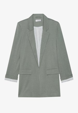 Lys grøn blazer med en strukturelt design, enkelts buttons lukning, to frontlommer, og stripet mansjett detaljer. Laget av mykt stoff.