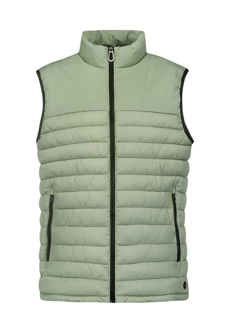 Gilet matelassé vert clair, sans manches avec un col haut, fermeture éclair à l'avant, texture côtelée et deux poches latérales zippées. Accents noirs le long des coutures.