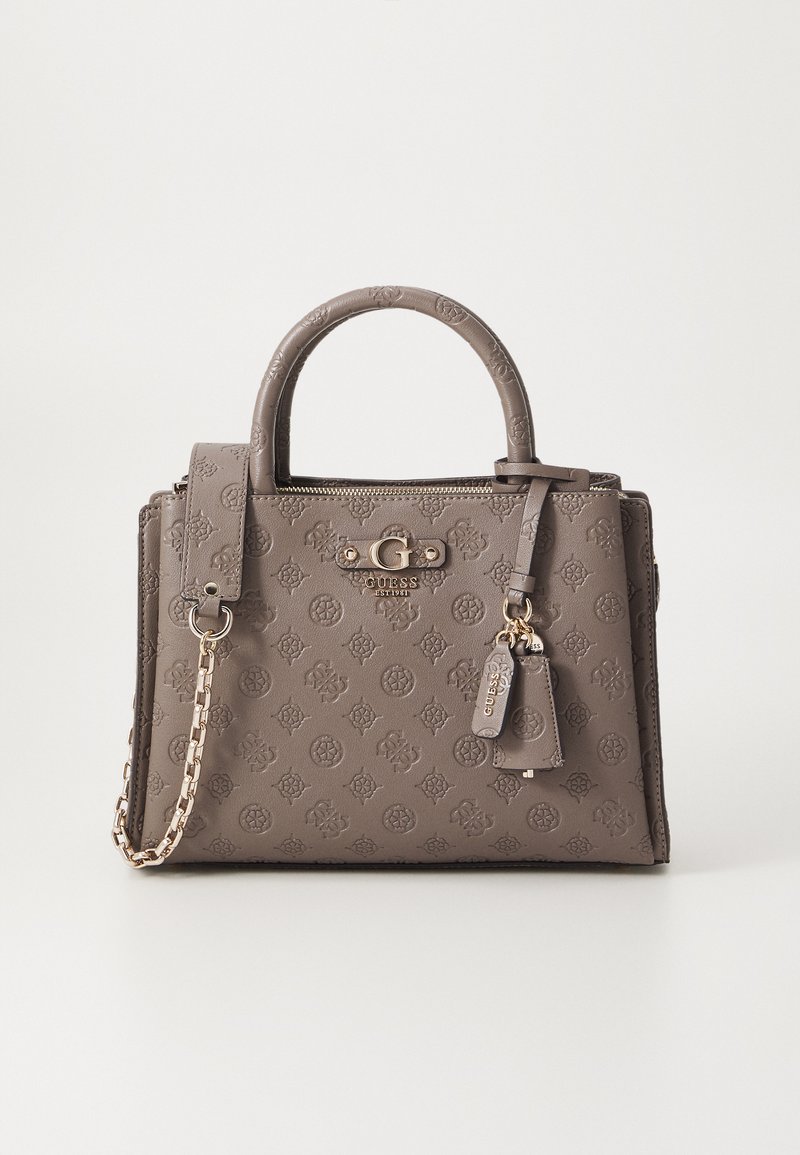 Gray embossed faux leather handbag with top handles, detachable chain strap, gold hardware, and logo accents. Features a zipper closure.