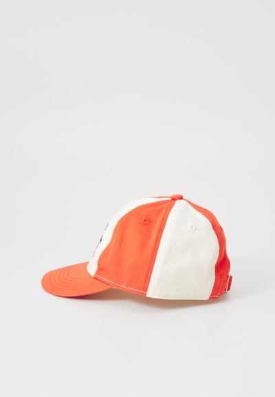 Orange and white cotton cap, six-panel design, curved brim, adjustable strap at the back, featuring an embroidered logo on the front.