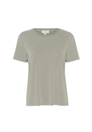 T-shirt de culoare verde deschis, cu guler rotund, mâneci scurte, realizat dintr-un material neted. Prezintă linii curate și o croială confortabilă, fără modele sau accesorii vizibile.