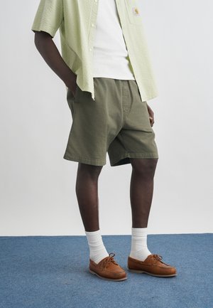 Hombre con pantalones cortos verde oliva, calcetines blancos, zapatos de cuero marrón, camiseta blanca y camisa de manga corta de color verde claro de pie sobre una alfombra azul.