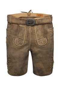 Pantaloni corti in pelle marrone con cuciture decorative, una cintura con fibbia in metallo e tasche laterali con motivi in rilievo.