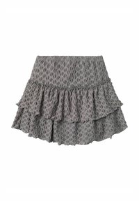 Jupe gris à volants avec un motif texturé en diamants, dotée d'une taille smockée et de couches froncées pour plus de volume et de détails.
