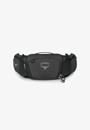 Schwarzer Osprey Savu 5 Hüfttasche mit mehreren Reißverschlussfächern und verstellbaren Gurten, entwickelt für Outdoor-Aktivitäten.