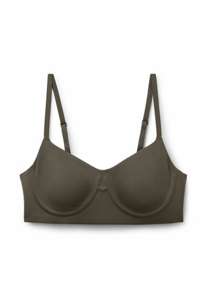 Sujetador con aros verde oliva con tirantes finos ajustables y copas moldeadas sobre un fondo blanco.
