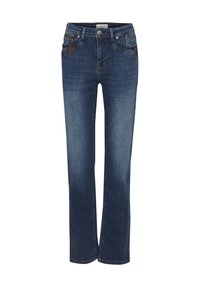 Jeans in denim blu scuro a gamba dritta con tasche anteriori, passanti per cintura, chiusura con bottoni e una piccola cerniera marrone sulla tasca sinistra.