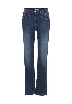 Taisnas kājas tum ši zilas džinsa bikses ar priekšējām kabatām, jostas cilpām, pogu aizdari un mazu brūnu rāvējslēdzēja vilkšanas cilpu kreisajā kabatā.