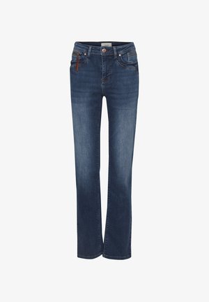 Jeans in denim blu scuro a gamba dritta con tasche anteriori, passanti per cintura, chiusura con bottoni e una piccola cerniera marrone sulla tasca sinistra.