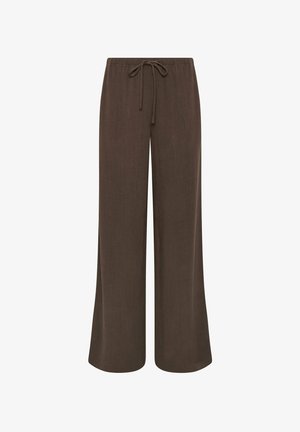 Braune Hose mit weitem Bein, elastischem Bund und Kordelzug, aus weichem, strukturiertem Stoff gefertigt.