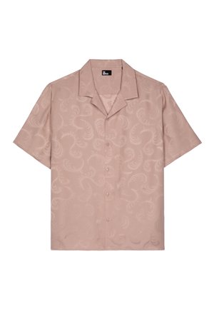 Korte mouwen overhemd van lichtroze stof met een subtiel wervelend patroon, voorzien van een traditionele kraag en knoopsluiting.